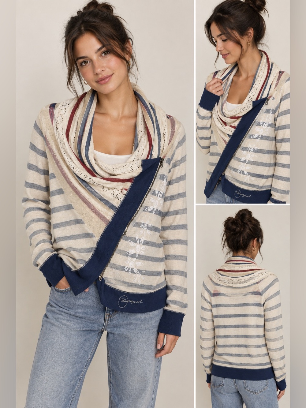 Desigual Women’s Cream & Navy Striped Asymmetrical Zip Cardigan size M boho